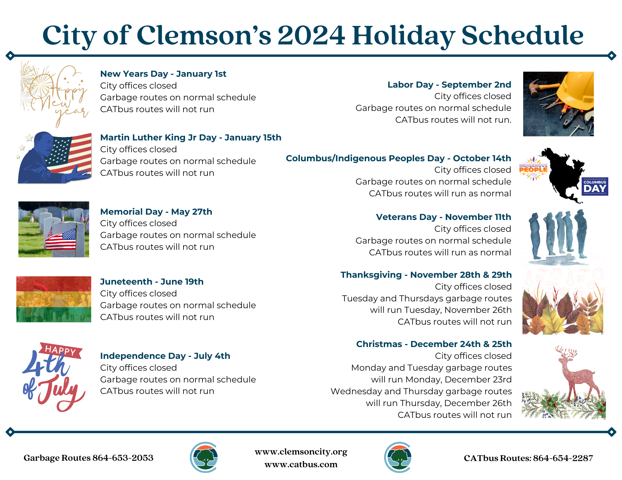 City of Clemson holiday schedule 2024 - click to download City of Clemson holiday schedule 2024 - click to download